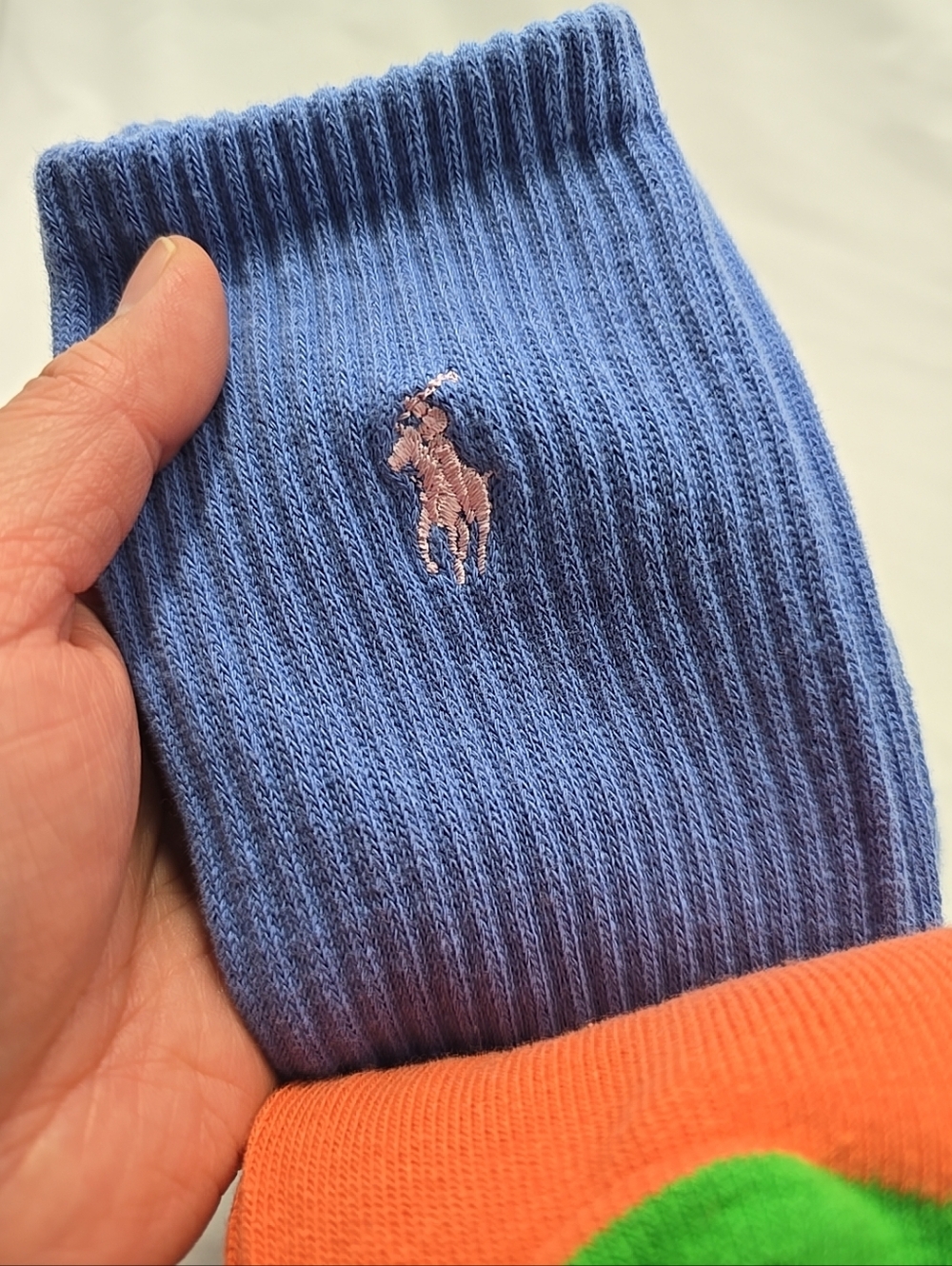 NWT Polo Ralph Lauren Men's Crew Lenth Ribbed Socks 2 Pk Bear Print Blue Orange - Picture 4 of 4